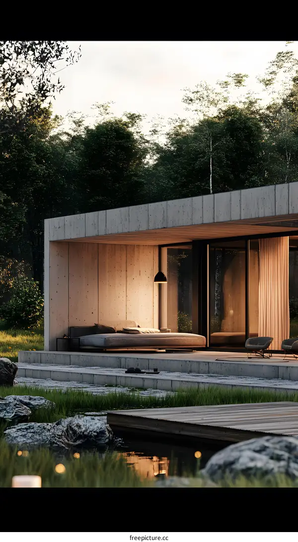 Modern Architecture with Concrete Patio and Pond