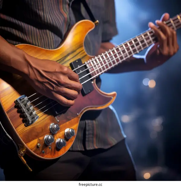 African American man playing bass guitar close up
