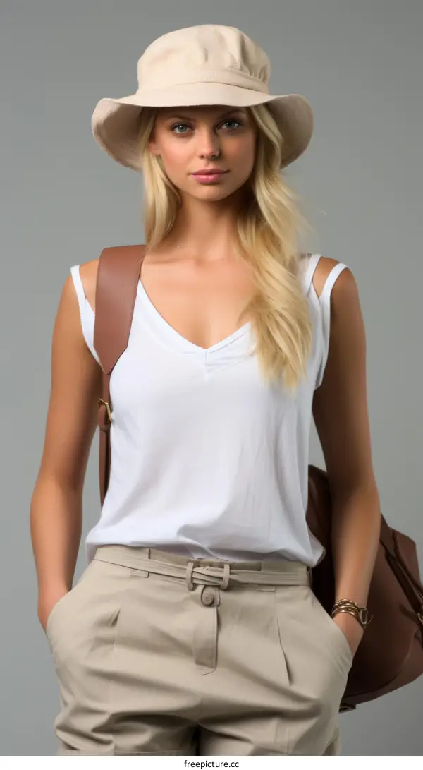 Fashion model with blonde hair wearing a khaki hat and white shirt