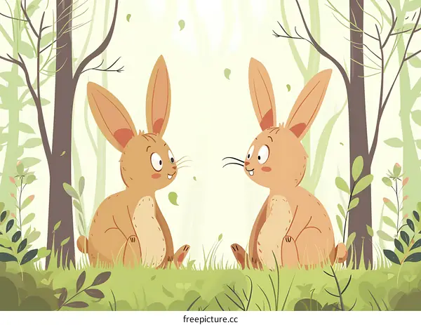 Two Cute Rabbits Sitting In The Forest