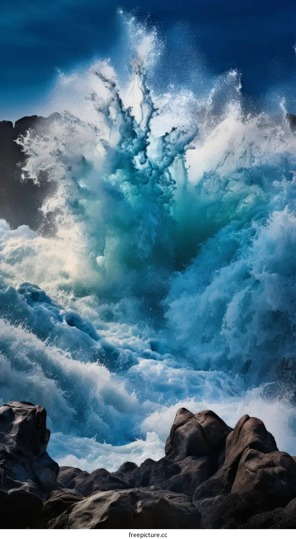 Huge beautiful blue ocean wave crashing on black rocks