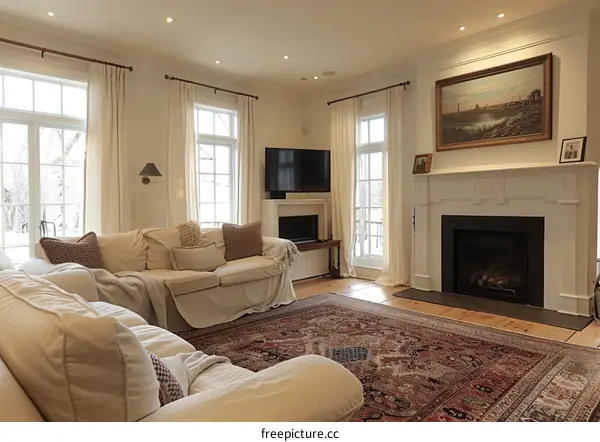 Cozy, Light-Filled Living Room with Fireplace
