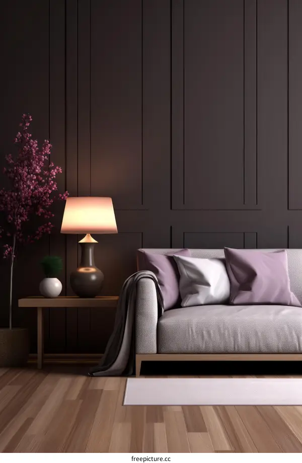 Elegant living room interior with sofa, pillows, and decorative accessories