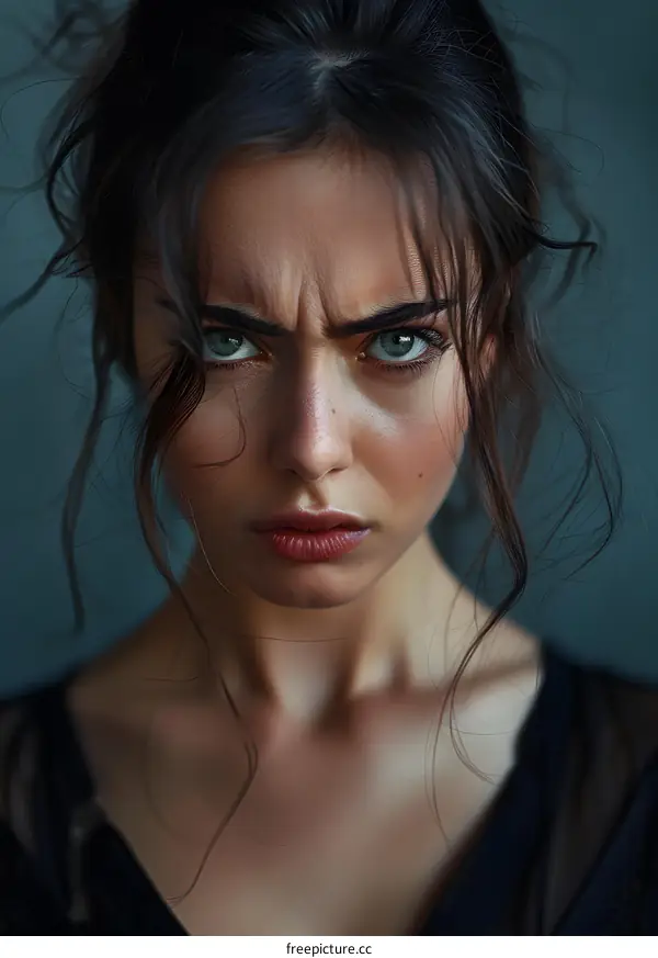 portrait of a young woman with green eyes looking at the camera with an angry expression
