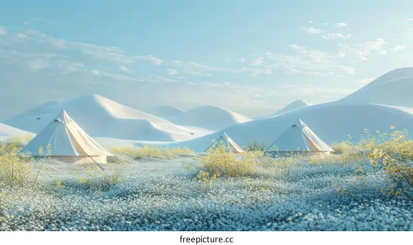 Serene Desert Camping Amidst White Sand Dunes and Blooming Flowers