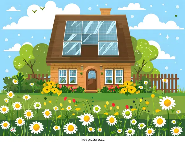 Solar Panel House with Flowers and Garden