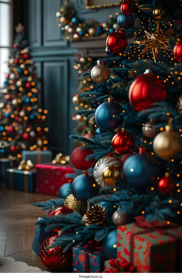 Christmas tree with red and blue ornaments