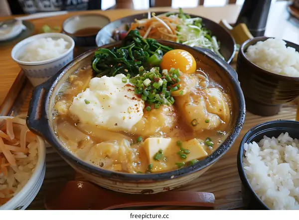 A delicious Japanese dish with rice, tofu, and vegetables
