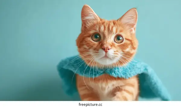 Ginger Cat Wearing a Blue Cape