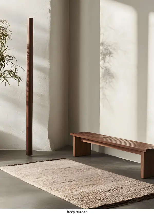 Modern Minimalist Interior Design with Wooden Bench and Rug