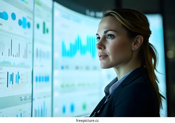 Businesswoman Looking at Financial Data on Big Screens