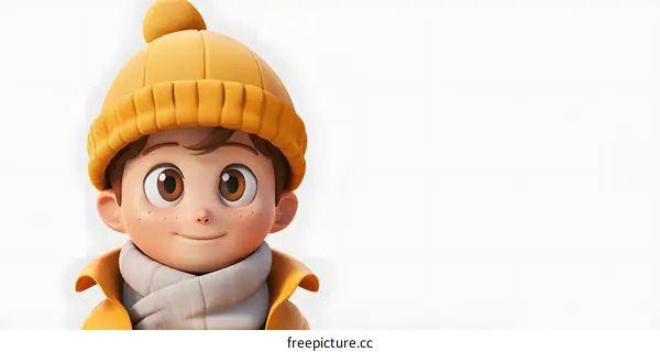 A cute 3D cartoon boy with a yellow hat and scarf