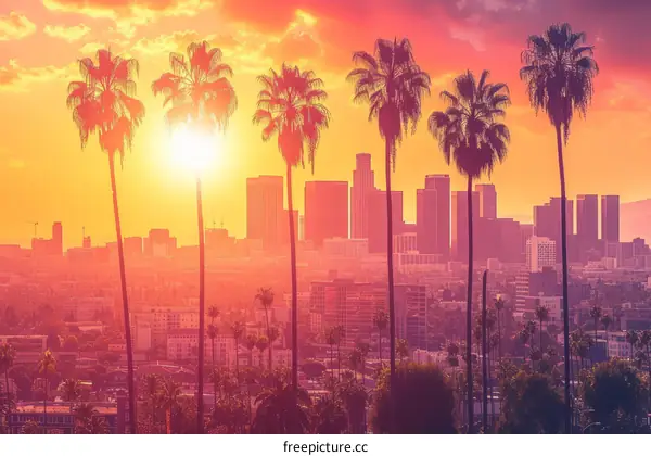 Palm trees and buildings in Los Angeles at sunset