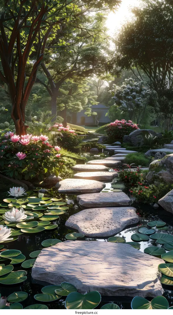 Tranquil Zen Garden with Stepping Stones and Water Feature