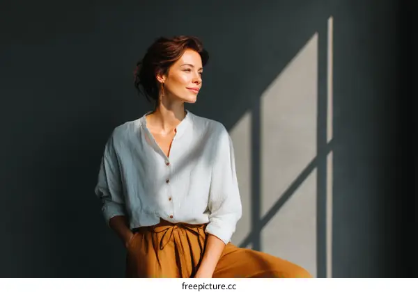 Elegant Woman in a Light Beige Shirt and Pants