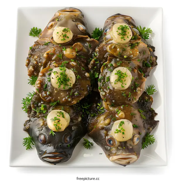 Four anglerfish heads with parsley and onion