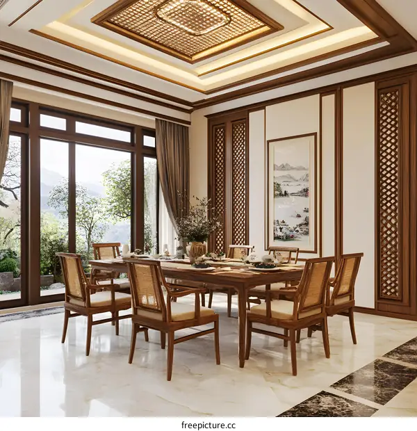 Traditional Chinese Dining Room Interior Design with Wooden Table and Chairs
