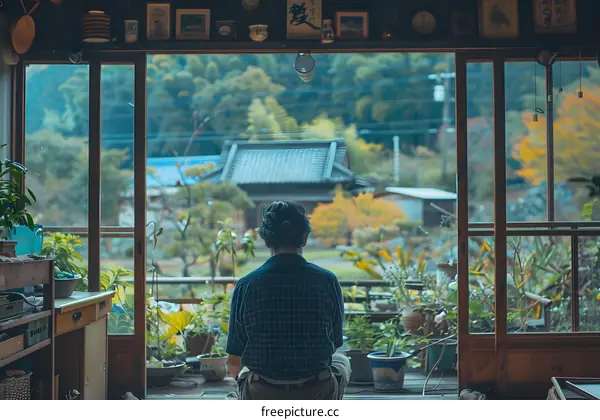 A man is sitting on the floor in a traditional Japanese house and looking out at the garden.