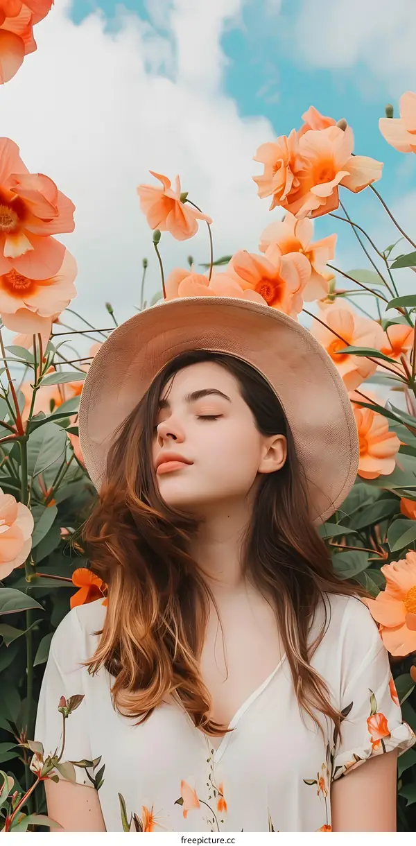 Woman in a Straw Hat Surrounded by Flowers