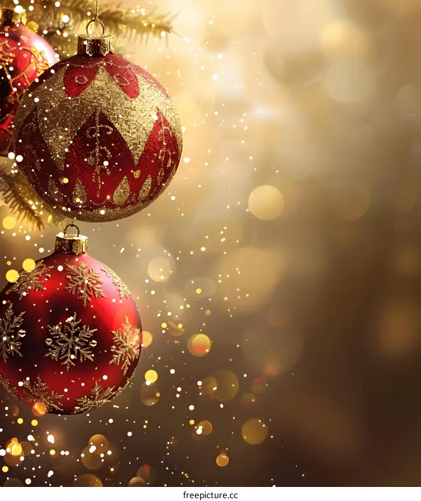 Red and gold Christmas ornaments hanging from a pine tree branch with a blurred background of gold and brown.