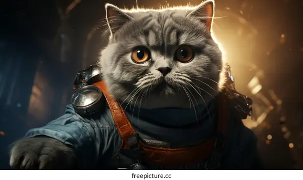 A grey cat wearing a blue and orange space suit is looking at the camera