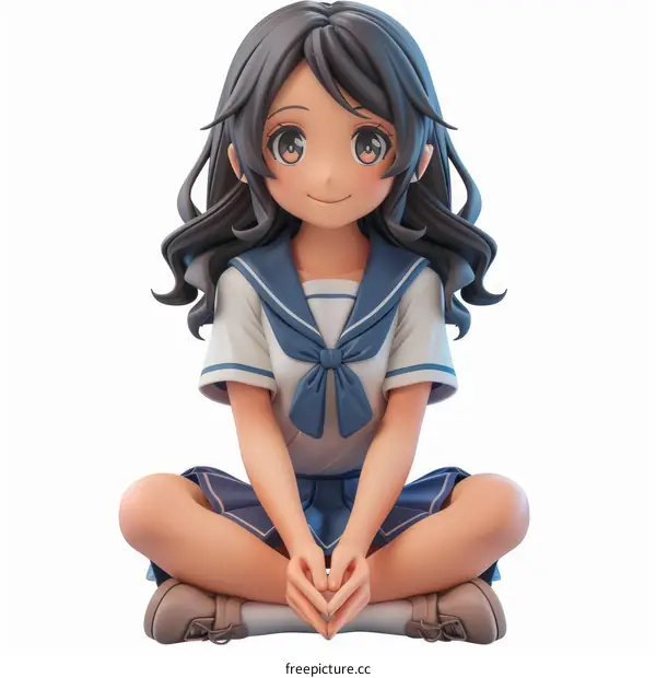 A cute anime girl with long black hair wearing a school uniform is sitting on the ground