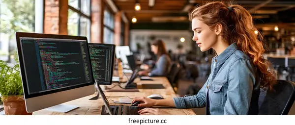 Young Woman Working on Computer with Code on Screen