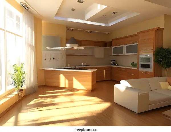 Modern Kitchen Interior Design With Wooden Cabinets and White Sofa