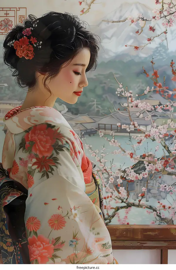 A beautiful Japanese woman in a kimono stands in a garden of cherry blossoms.