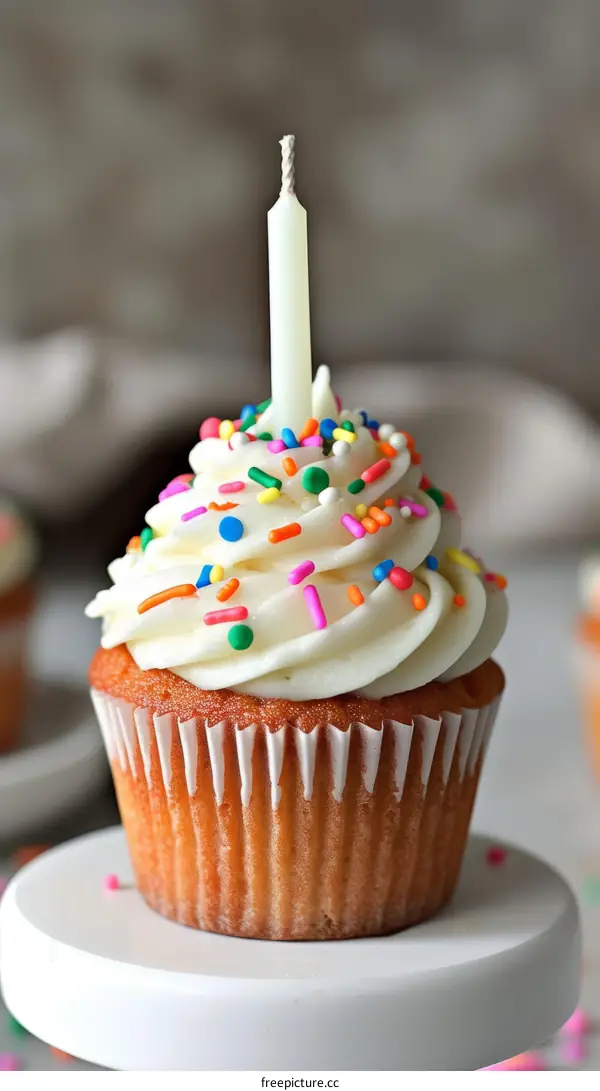 A cupcake with a single lit candle and rainbow sprinkles