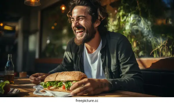 Bearded man eating a sandwich and laughing