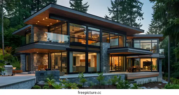 Modern House with Stone Exterior and Large Windows