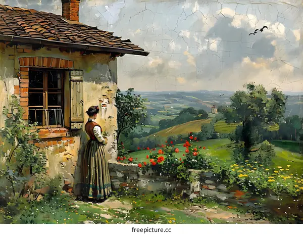 Woman in Traditional Dress Looking Out Over a Rural Landscape