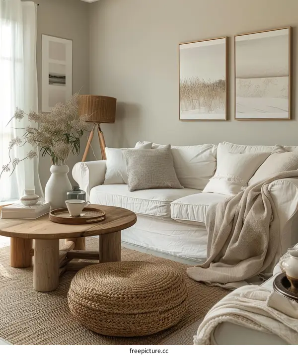 Coastal Living Room with White Sofa and Natural Textures