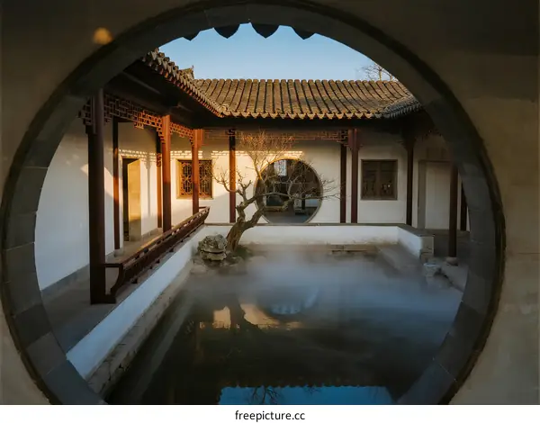 Circular Window Framing Traditional Chinese Courtyard with Pond