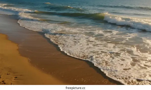 Waves Rolling onto Sandy Beach with Foamy Crests at Sunset