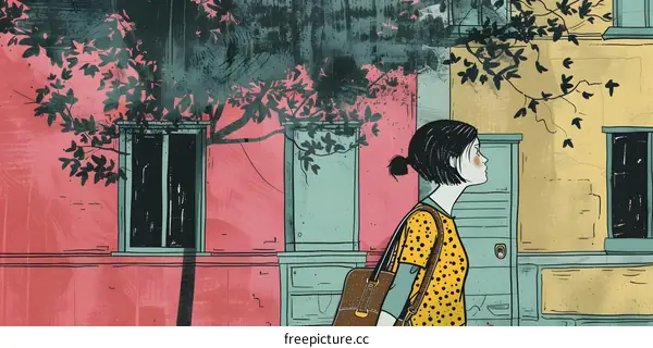 Woman Walking by Old Building in City