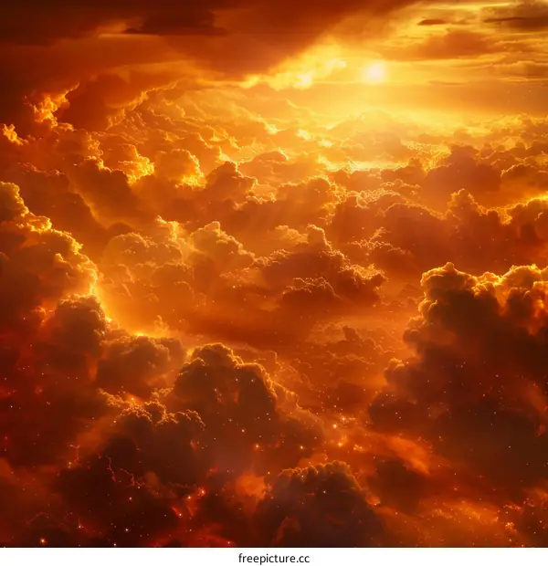 Heavenly Cloudscape with Bright Orange Clouds and Sun Rays