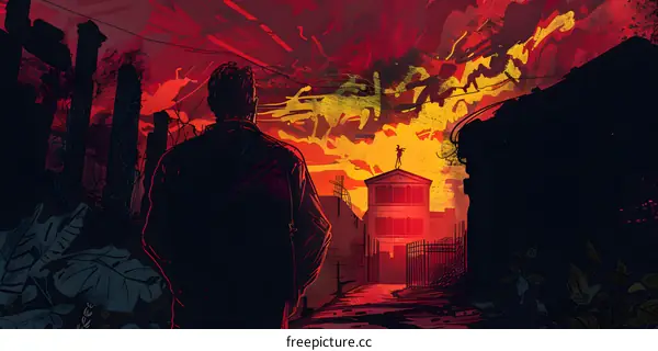 Silhouette of Man Walking Towards a Building with a Red Sky