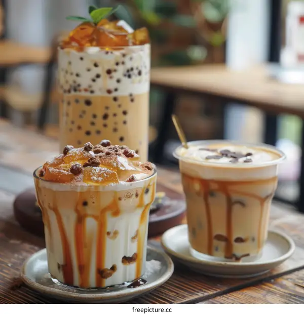 Three glasses of iced coffee with different toppings