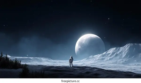 Astronaut Standing on Alien Moon at Night