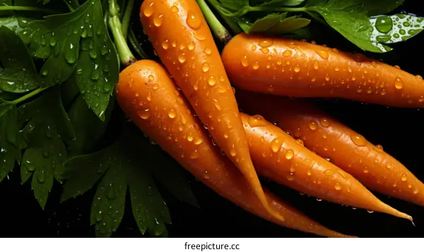Fresh carrots with green leaves on a black background