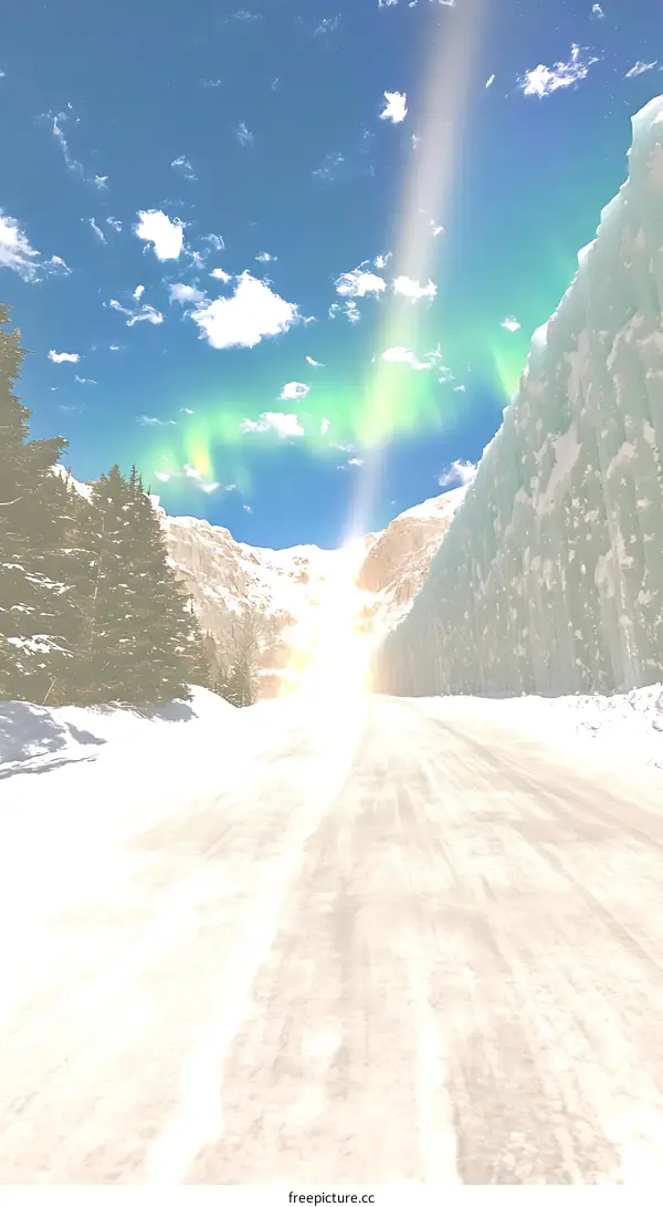 Snowy Road with Ice Wall and Aurora Borealis