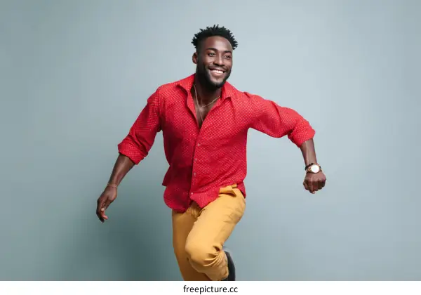 Happy African Man in Red Shirt and Yellow Pants