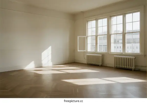 Empty room with large windows and wooden floor