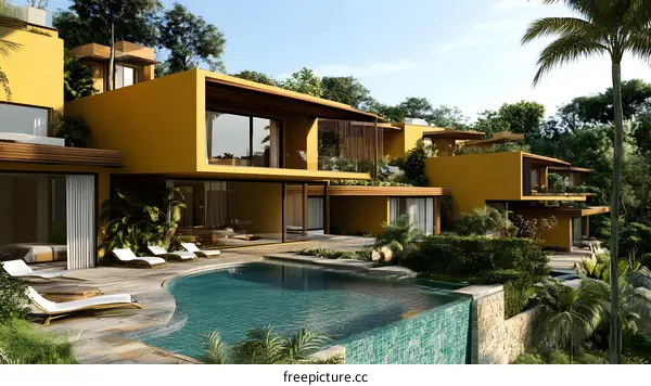 Modern Yellow House With Pool And Tropical Plants
