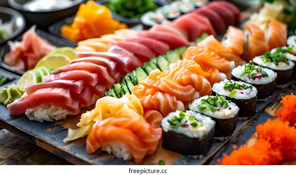 Assortment of Sushi Rolls and Sashimi on a Wooden Platter