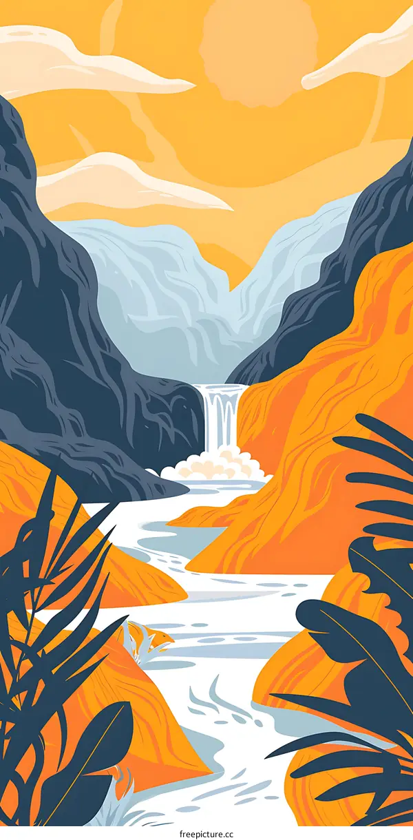 Mountain Landscape With Waterfall Illustration