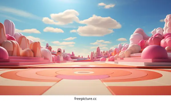 A surreal landscape with a pink and blue color palette
