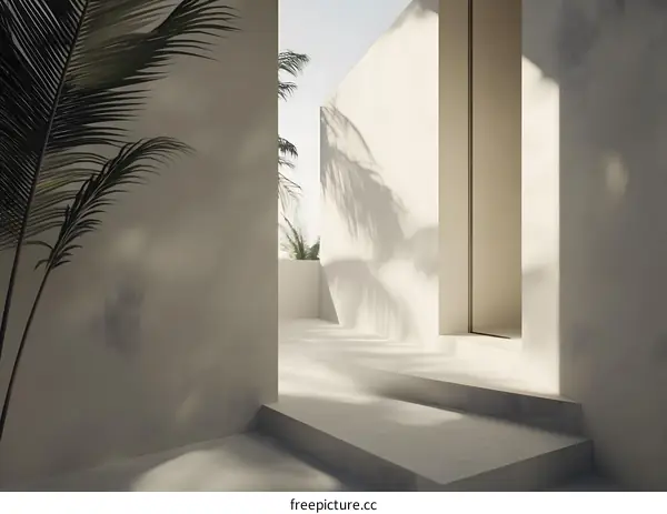 Minimalist White Modern Architecture House Entrance With Palm Tree Shadow